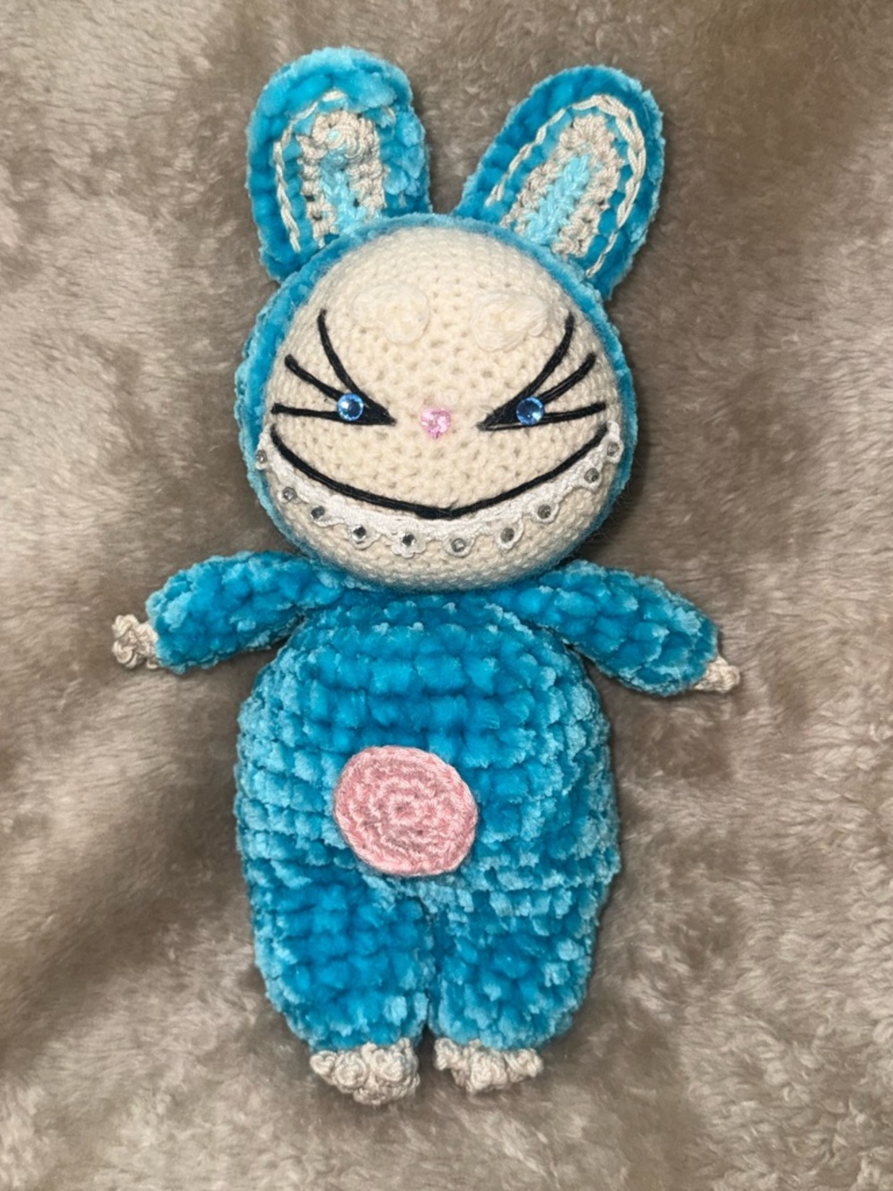100% ORIGINAL HANDCRAFTED LABUBU MONSTER CROCHET PLUSHIE, ONE SIZE, AQUA BLUE